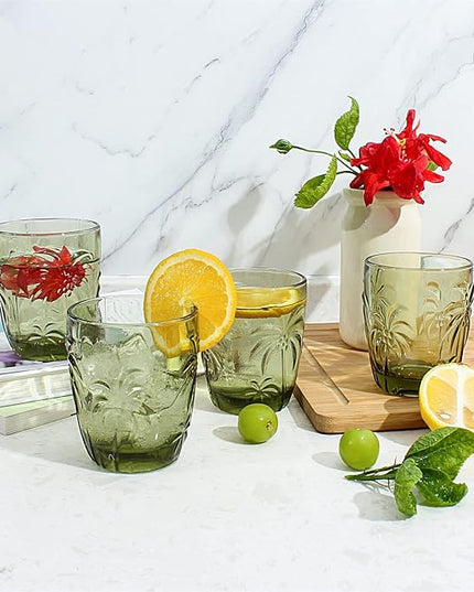 M&N HOME Green Christmas Tumblers, Colored Whiskey Glasses, Set of 4 Colorful Drinking Glasses, 9 Oz Coconut Cups, Glass Cups for Water and Juice, Holiday Glasses Drinkware - GREEN SET