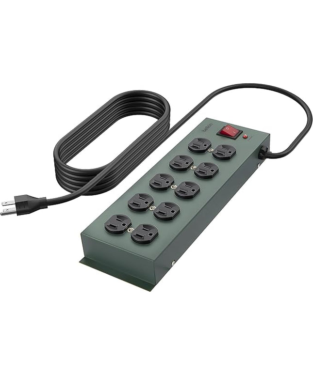Belkin Power Strip Surge Protector - 10 AC Outlets, 15ft Heavy Duty Metal Extension Cord with Wall Mount Holes for Home, Office, Travel, Computer Desktop, Laptop & Phone Charging Brick