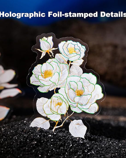 AuriicLeaf Floral PET Stickers – 60 Foil-Stamped Self-Adhesive Flower Designs Waterproof Transparent Stickers for Scrapbooking Journaling DIY Crafts and Decoration