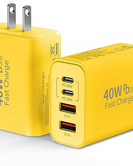 USB C Wall Fast Charger Block, 40W 4-Port Type C Chargers Fast Charging Blocks PD Power Charger Adapter+QC 3.0 USB Multiport Charger Brick for Phone 17/16/15/14/13/12 Pro Max, i-Pad, Galaxy S25-2Pack