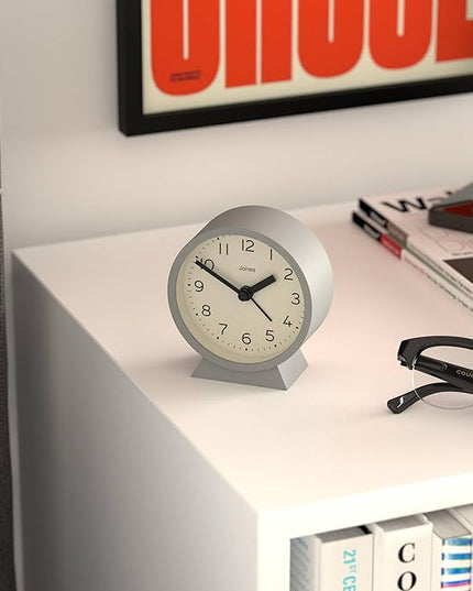 JONES CLOCKS® Midnight mini Alarm Clock | Contemporary Design | Gray | Stylish, Compact and Functional for Bedside, Desk or Shelf