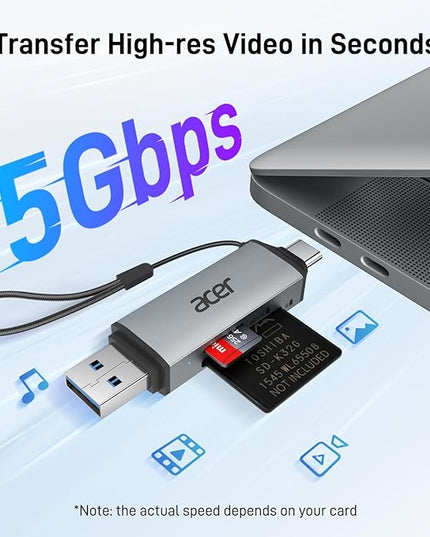 acer SD Card Reader USB C, Dual Slots USB 3.0 Type C to Micro SD Card Adapter, Memory Card Reader for MicroSD, SDHC, SDXC, Compatible with Laptop, PC, iPhone16/15, MacBook Pro/Air, iPad Pro, Android