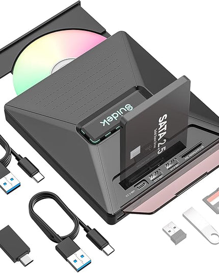 CD DVD Drive External, Portable CD DVD Driver +/-RW Burner with 2.5" SATA,SD Card Reader and USB A Type C 2.0 Hub Compatible with Laptop PC