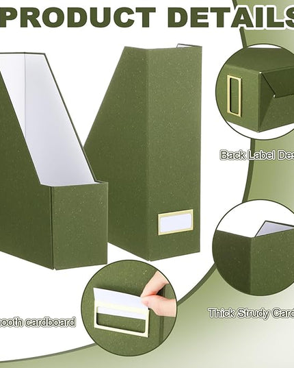 Gueevin Set of 6 Magazine File Holder Stylish Sturdy Cardboard File Boxes Desk Magazine Organizer Rack with Gold Label Holder to Organize Your Desk or Shelves for Home Classroom Office Library(Green)