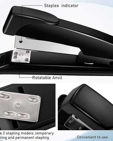 Thenshop 6 Pcs Desk Staplers Tape Dispensers Sets Black Staplers for Desktop Office with Standard Staples Black Holder with White Tape for Office School