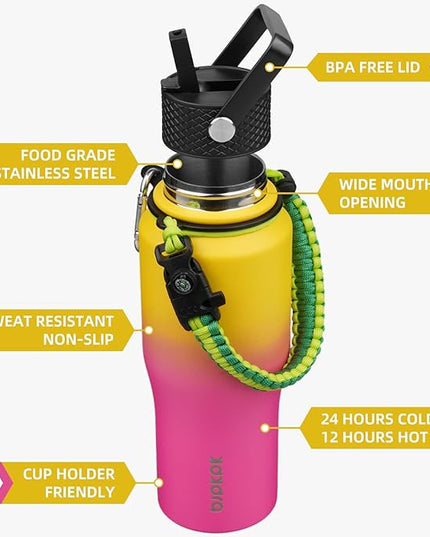 BJPKPK Insulated Water Bottles with Straw Lid, 23oz Metal Water Bottle with 2 lids & Paracord Strap, Double Wall Stainless Steel Vacuum Tumblers, Cups,Thermo for Hot& Cold Drinks, Pink & Yellow Rose