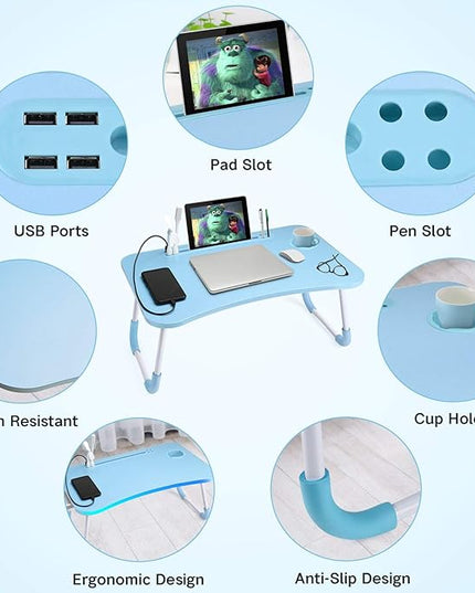 Slendor Lap Desk with Cup Holder, Foldable Laptop Table for Bed, Portable Bed Desk for Laptop and Writing, Computer Tray with Tablet Slot, Notebook Stand Reading Holder for Couch Sofa Floor,Blue