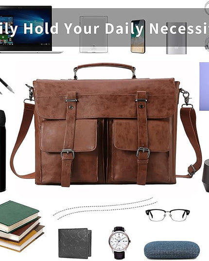 Seyfocnia Leather Messenger Bag for Men, Vintage Leather Laptop Bag Briefcase Satchel, 17.3 Inch Computer School Work Bag (Brown)