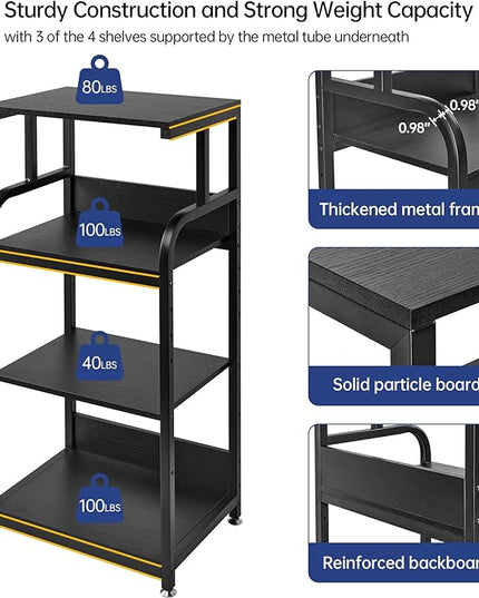 Printer Stand with Adjustable Shelf, 4 Tier Large Tall Printer Table with Wheels for Home Office Storage and Organization, Rolling Stand Cart for Computer Tower CPU Shredder, Black