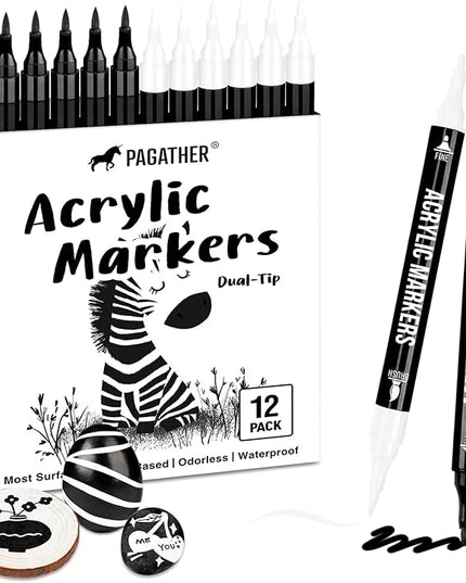 Black and White Acrylic Paint Markers, 12 Pack Dual Tip with Fine Tip and Brush Tip Pens for Stone, Wood, Calligraphy, Canvas, Ceramic, Metal, Glass, Rock Painting, DIY Crafts