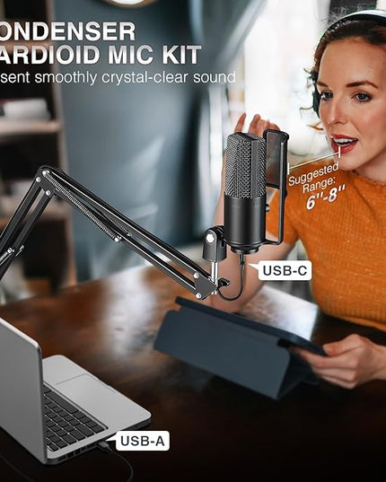 FIFINE USB Podcast Microphone, PC Computer Condenser Microphone Plug & Play Mic Kit with Boom Arm Stand, 16MM Large Diaphragm, Mute Button for Recording Singing Streaming YouTube Gaming-T669PRO1