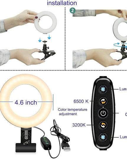 Ring Light Video Conference Lighting Kit 3200k-6500K Dimmable Led Clip on Computer Monitor Laptop Phone for Content Creator (YouTube/TikTok/Twitch) Makeup,Conference,Selfie,Video,Vlog (Black)