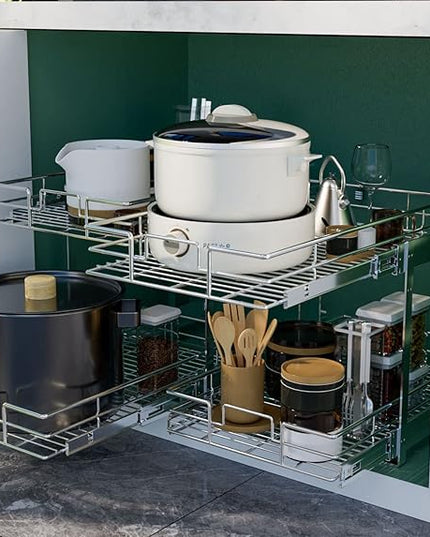 LOVMOR 2 Tier Individual Pull Out Cabinet Organizer 14½" W x 21½" D, Slide Out Kitchen Cabinet Storage Sliding Shelves