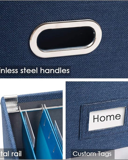 PRANDOM File Organizer Box - Set of 1 Collapsible Decorative Linen Filing Storage Hanging File Folders with Lids Office Cabinet Letter Size Navy Blue (14x9.3x10.8 inch)