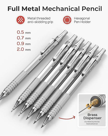 Nicpro 30PCS Silver Metal Mechanical Pencils Set in Leather Case, Art Drafting Pencil 0.5, 0.7, 0.9 mm, 2mm Lead Pencil Holder for Sketching Drawing With 16 Tube (6B 4B 2B HB 2H 4H Colors)Lead Refill