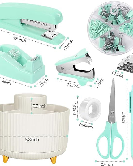 SKYDUE Teal Office Supplies Set, Office Desk Accessories 10Pcs, Pencil Holder for Desk, Stapler, Tape Dispenser, Scissors, Clips and 1000pcs Staples, School Supplies for Teacher