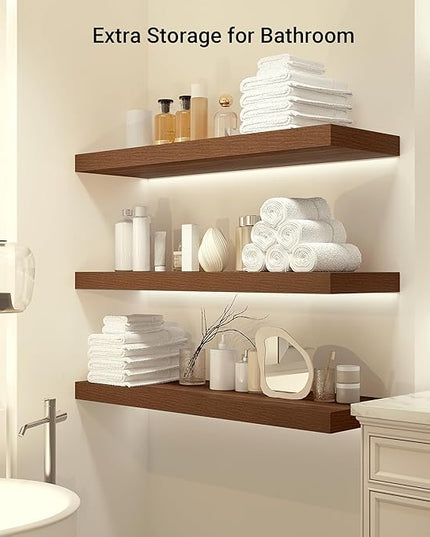 Heimlove 12" Deep Floating Shelves, 36 x 12 Inch Wall Mounted Long Floating Shelf with Invisible Brackets, for Home Decor, Bedroom, Kitchen, Living Room, Bathroom - 1 Pack, Walnut