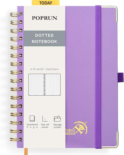 POPRUN Spiral Dotted Journal Notebook, [A5-5.75'' x 8.25''] - 120 GSM Thick Paper, 141 Numbered Pages, Hardcover for Men & Women with Pocket, Index Tabs, 8 Perforated Sheets, Violet