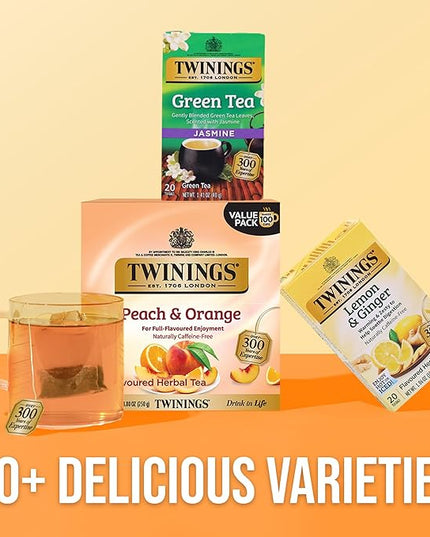 Twinings Peach & Orange Herbal Tea Individually Wrapped Bags, 100 Count (Pack of 1), Juicy & Fruity, Naturally Caffeine-Free, Enjoy Hot or Iced, 100 Teabags