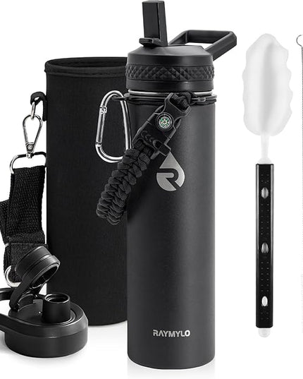 Insulated Water Bottle 20 oz, Triple Wall Vacuum Stainless Steel (Cold for 48 Hrs), Leak Proof & Non-BPA, Kids Water Bottle Jug for School with Straw Spout Lids, Magic Black