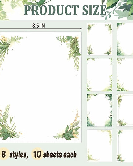 Tlenpo Greenery Theme Stationery Letter, 8.5 x 11 Inches, 80 Double-Sided, Pretty Printer Paper, Decorative Paper for Wedding, DIY Drawing, Thank Greeting Stationery Supplies, 100 gsm, 8.5 x 11 Inches