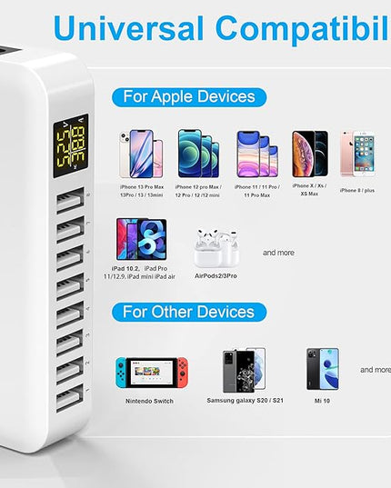 USB Charging Station, Ziwodiv 8-Port 60W/12A Charger Station, Multi Ports USB-A Charging Hub with LED Display, Compact Desktop Charger for Multiple Devices, iPhone iPad Samsung Android and Tablet