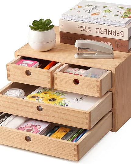 Kirigen Natural Wood Desktop Organizers with Drawers - Home Workspace Office Supplies Wooden Storage Box Shelf Case - Hold Makeup Box (NA, 3-Layer &4 Drawers)