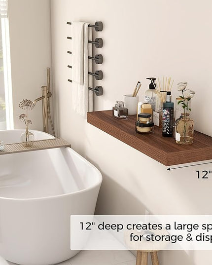 Fun Memories 30 Inch Floating Shelves, 12 Inch Deep Floating Shelf for Wall, Rustic Deep Shelves for Books, Bathroom, Living Room, Kitchen, 30 x 12 x 2 Wood Floating Shelves, Walnut Color, Set of 2