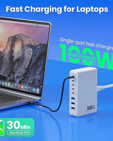 USB C Charger 300W USB C Charger Block 8-Ports GaN IV Fast Charging Station,PD 100W Laptop Charging Hub Wall Charge Adapter Compatible with MacBook/Air,DELL,Steam Desk,iPhone 16/15/14,Galaxy
