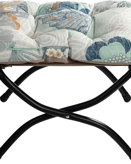 HollyHOME 15"(H) Folding Footrest Stool, Upholstered Small Foldable Ottoman, Accent Padded Sofa Foot Stool for Lazy Chair, Metal Frame Portable Foot Rest Ottoman for Living Room, Bedroom, Fan Print