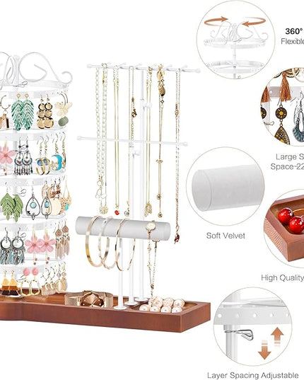 KALYLOC Jewelry Earring Holder Organizer, Adjustable 5 Tiers Rotating Earring Holder 3 Tier Necklace Holder with Wooden Base, Multi-Functional Jewelry Organizer Display Stand for Studs Bracelet Women