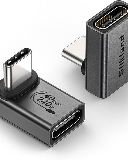 Silkland USB C 90 Degree Right Angle Adapter 2 Pack, [8K 60Hz, 240W 40Gbps] Male to Female Adapter Extender Compatible Thunderbolt 4 for Steam Deck, ROG Ally, MacBook, Switch 2, iPhone 17/16, Quest 3