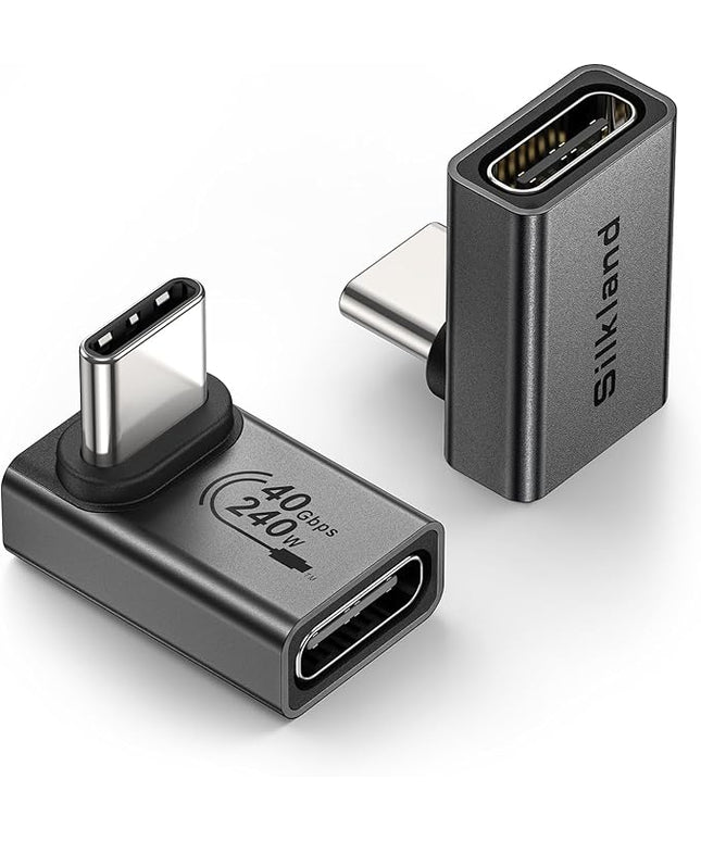 Silkland USB C 90 Degree Right Angle Adapter 2 Pack, [8K 60Hz, 240W 40Gbps] Male to Female Adapter Extender Compatible Thunderbolt 4 for Steam Deck, ROG Ally, MacBook, Switch 2, iPhone 17/16, Quest 3