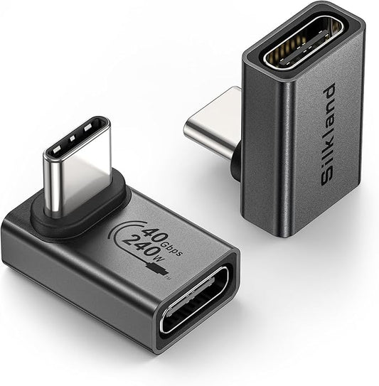 Silkland USB C 90 Degree Right Angle Adapter 2 Pack, [8K 60Hz, 240W 40Gbps] Male to Female Adapter Extender Compatible Thunderbolt 4 for Steam Deck, ROG Ally, MacBook, Switch 2, iPhone 17/16, Quest 3