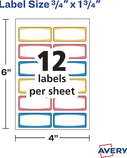 Avery Durable Labels for Kids' Gear, 3/4" x 1-3/4", Assorted Border Colors, Water-Resistant Labels, 60 Total (41442)