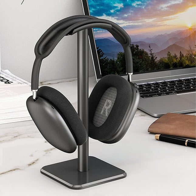 Headphone Stand, Rounded Corner Headset Holder, Anti Slip Base, TPU Tray, Aluminum Supporting Bar Headset Holder for Home Gaming Office (Black)
