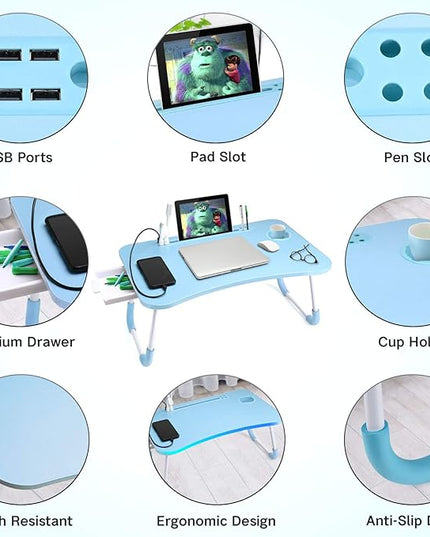 Slendor Lap Desk with Tablet Slot, Foldable Laptop Table with Storage Drawer for Bed，Portable Bed Desk for Laptop, Computer Tray with Cup Holder Notebook Stand Reading Holder for Couch Floor, Blue