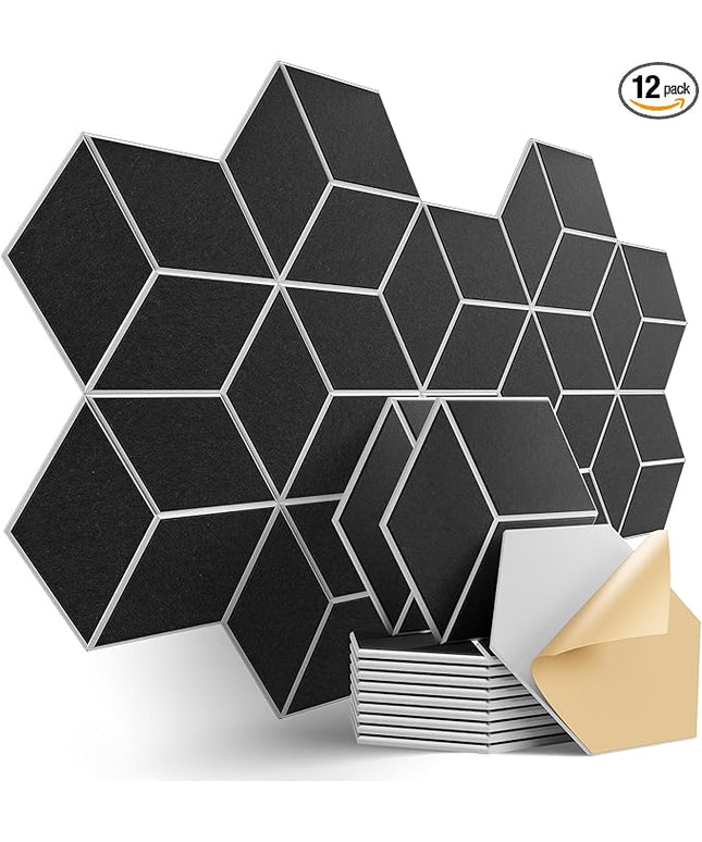 12-Pack Self-Adhesive Acoustic Panels 12" x 10" x 0.4" High-Density, Flame-Resistant Soundproof Foam. Absorbs Noise and Eliminates Echoes, Hexagonal 3D Design(BlackFace)