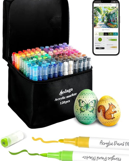 YHC 120 Colors Acrylic Paint Pens with Free App, Dual Tip Acrylic Paint Markers with Brush Tip and Fine Tip for Adults, Eggs, Wood, Rock, Canvas, Plastic, Stone, Glass, Ceramic