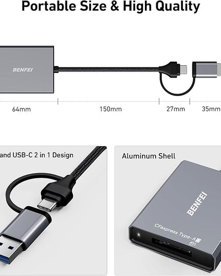 BENFEI CFexpress Type A Card Reader with USB 3.2 (Gen 2) 10Gbps, USB-C&USB-A 2-in-1 Type A CFexpress Adapter, Compatible with Windows/Mac/Linux/Android
