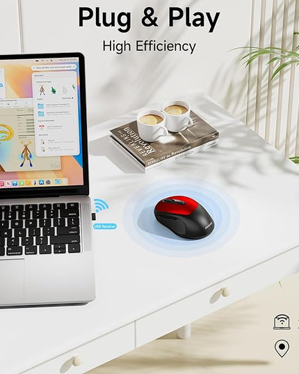memzuoix Wireless Mouse, 2.4GHz Nano Receiver, 3 DPI Levels (800/1200/1600), 6 Buttons, Compatible with PC/Mac/Laptop - Red