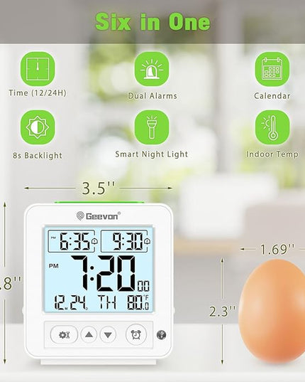 Geevon Smart Night Light Small Digital Alarm Clock with 2 Increasing Beep Alarm, Indoor Temperature, Battery Operated Travel Clock for Bedroom, Bedside, Desk(White)