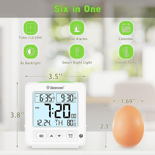 Geevon Smart Night Light Small Digital Alarm Clock with 2 Increasing Beep Alarm, Indoor Temperature, Battery Operated Travel Clock for Bedroom, Bedside, Desk(White)