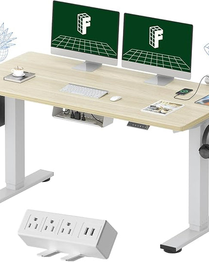 FLEXISPOT EN2 Whole-Piece Standing Desk with Clamp Power Strip, 55 x 28 Electric Stand Up Height Adjustable Desk with Cable Management (White Frame + 55" White Wood Grain Desktop, 2 Packages)