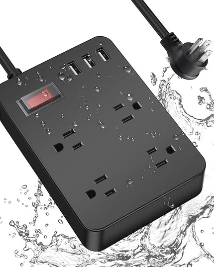 Outdoor Power Strip Weatherproof,Waterproof Surge Protector with 4 Outlets,3 USB,Shockproof Overload Protection, Multi Outlet Extension for Camping, Garden, Kitchen, Bathroom, 6ft Cord,with Flat Plug