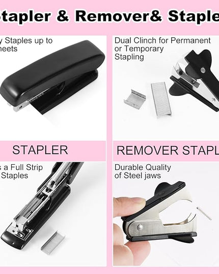 Desk Organizers and Accessories Set with 360-Degree Rotating Pen Holder, Tape Dispenser, Stapler, Staple Remover, 1000 Staples, Tape, Clips Set, Ruler, Scissor, Pen