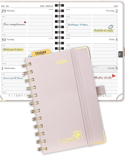 POPRUN 2026 Planner (Pocket Size 4''x 6.25'' Wire-Bond Hard Cover) Calendar Weekly and Monthly (Jan.2026-Dec.2026) Small Planner with Hourly Time Slots, for Purse, 100 GSM - Light Pink