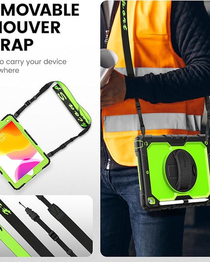Timecity Case for iPad 9th/ 8th/ 7th Generation 10.2 inch - Heavy Duty Protective Cover with Screen Protector, Rotating Stand, Shoulder Strap & Pencil Holder | Kids-Friendly (Green)