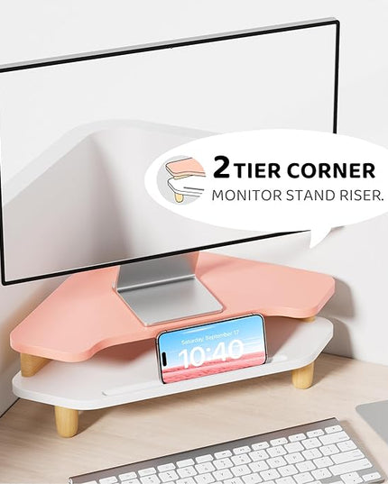 Monitor Stand Riser,2 Tier Corner Wood Monitor Stand Sturdy Computer Stand Multi-Purpose Desktop Storage Stand for Laptop,PC,iMac,Printer,Computer,Pink