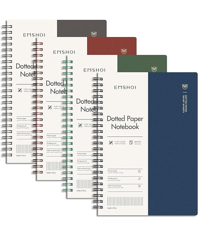 EMSHOI Dotted Journal Spiral Notebook 5.7" x 8.22" - 4 Pack 640 Pages 100gsm Thick Paper, A5 Dot Grid Notebook, Plastic Hardcover Bullet Notebooks Journals for Writing Women Men Work School Supplies